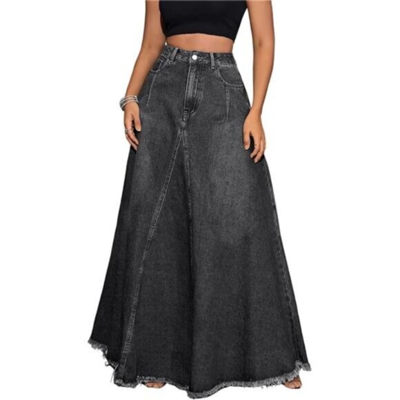 Women's Retro Distressed High Waist Denim Skirt Black - Picture 1 of 4